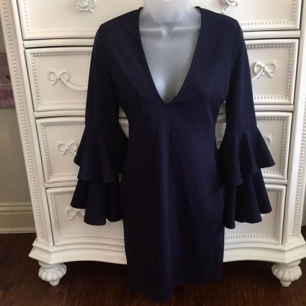 Windsor Dark Blue Bell Sleeve Mini Dress